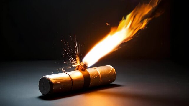 dynamite stick with burning fuse against a dark background