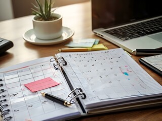 Calendar schedule planner plan and agenda reminder, online work at home. a person plans daily appointments and writes business trips in a diary at the office desk. Calendar reminder event planning
