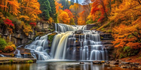 Beautiful of a waterfall surrounded by autumn orange trees , scenic, nature, autumn, waterfall, trees, colorful, vibrant