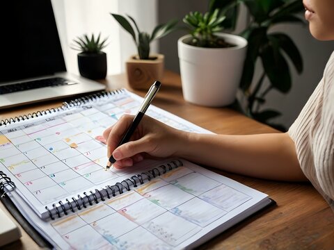Calendar schedule planner plan and agenda reminder, online work at home. a person plans daily appointments and writes business trips in a diary at the office desk. Calendar reminder event planning