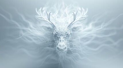 Naklejka premium Ethereal deer with intricate antler design in a mystical white mist, creating a surreal and dreamlike atmosphere.
