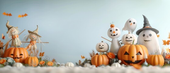 Fototapeta premium Festive Halloween scene with pumpkins, ghosts, and scarecrows on a soft blue background, perfect for seasonal decorations and celebrations.