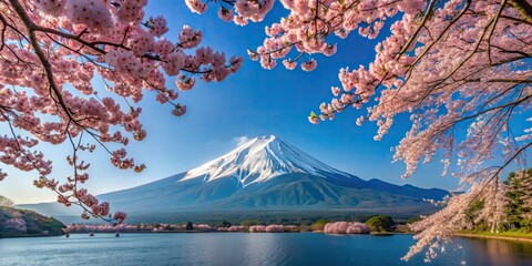 Iconic view of Mount Fuji with cherry blossoms in full bloom, Japan, scenery, landscape, iconic, mountain