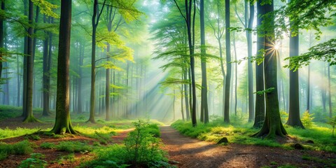 Obraz premium Misty morning in a tranquil forest , mist, morning, forest, fog, serene, peaceful, tranquil, nature, trees, green, outdoor, ethereal