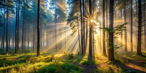 Mysterious misty forest in early morning