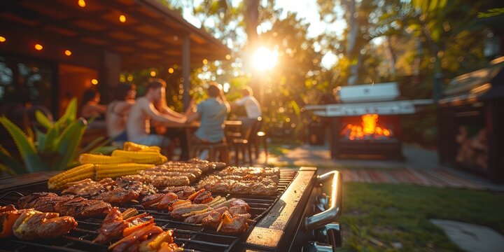 Group of friends enjoying barbecue in backyard for National BBQ Month, July, grilling food, summer fun, outdoor gathering
