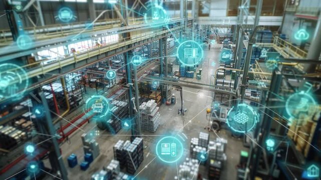 The Internet of Things IoT in manufacturing. Integration of connected devices to optimize production, maintenance, inventory, and other factory operations in the new era of Industry 4.0 