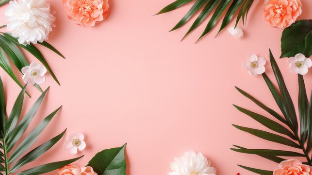 Floral frame with tropical leaves and peach-colored flowers on a pink background. Perfect for invitations, greeting cards, and promotions.