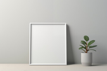Mockup of empty modern white frame blank canvas with cute green plant in white pot on floor table light grey background