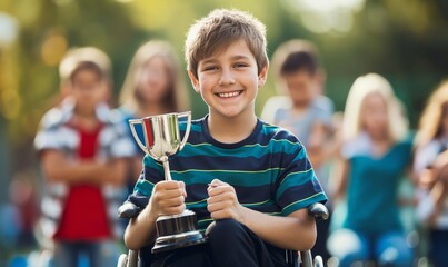 handicapped smiling schoolboy in wheelchair with trophy, friends at sports day, celebrating cheerful moment in event