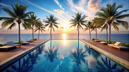 Fototapeta premium Infinite pool with palm trees overlooking the ocean , infinity pool, palm trees, ocean view, tropical, luxury, vacation