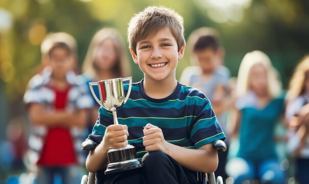 handicapped smiling schoolboy in wheelchair with trophy, friends at sports day, celebrating cheerful moment in event