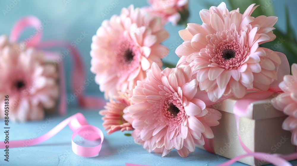 Canvas Prints Pink Gerbera Daisies and a Gift Box