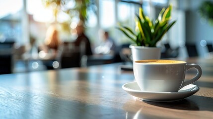 Fototapeta premium Blurred background of coffee shop with cup of coffee in foreground
