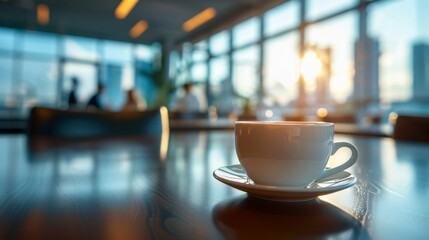 Blurred background of a coffee cup on a wooden table with sunlight shining through the window