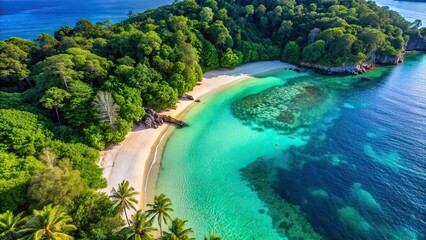 Fototapeta premium Top view of a stunning beach with crystal clear blue water and lush trees , beach, top view, water, trees, nature, tropical