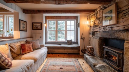 A cozy cottage living room with a stone fireplace, wooden beams, a comfy sofa, and a bay window with a seat.