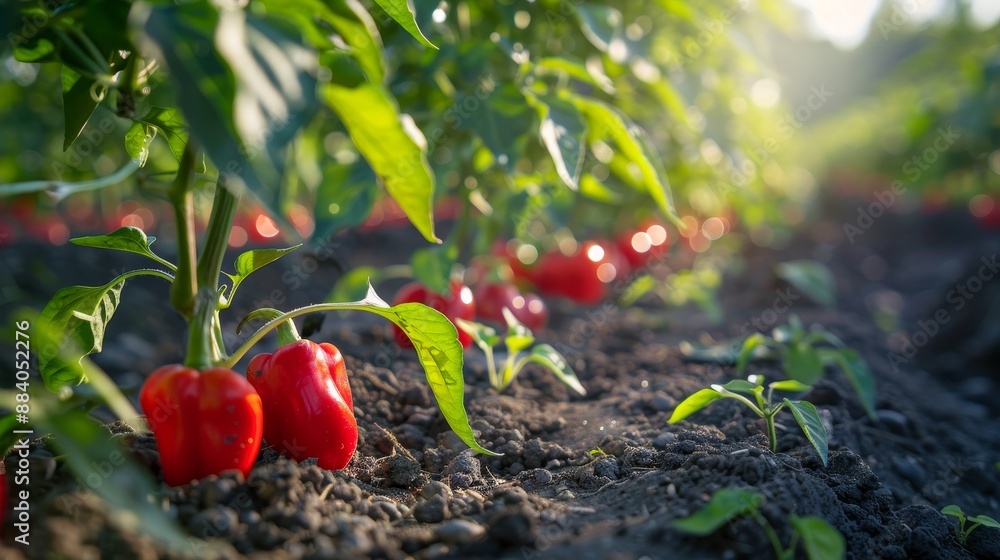 Poster Close-up of Red Bell Peppers Growing in a Garden - A close-up view of red bell peppers growing in a garden. The vibrant red peppers stand out against the lush green foliage and the rich brown soil.