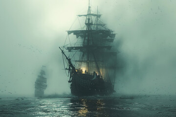 Sailing wooden multi-deck ship with masts at night in the fog near the rock reefs.