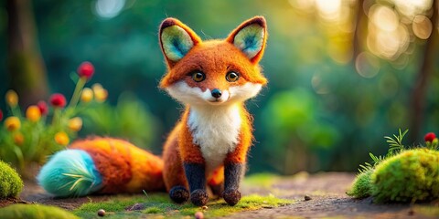 Naklejka premium Adorable felted fox toy with vibrant colors and intricate details against a soft background , felted, animal, toy, fox