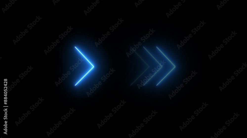 Poster glowing neon line directional right looping arrow animation. signal icon. blue color a moving arrow 