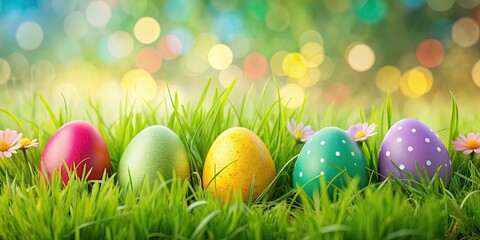 Fototapeta premium Easter eggs nestled in green grass with a colorful easter background, Easter, eggs, holiday, spring, traditional