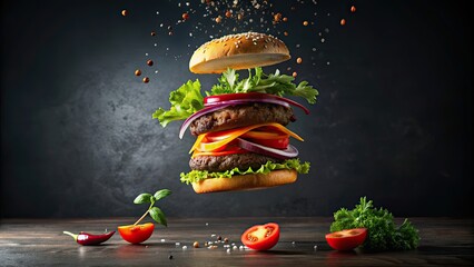 Deconstructed hamburger with ingredients floating in mid-air on a dark background with spice sprinkle , food, burger, suspended