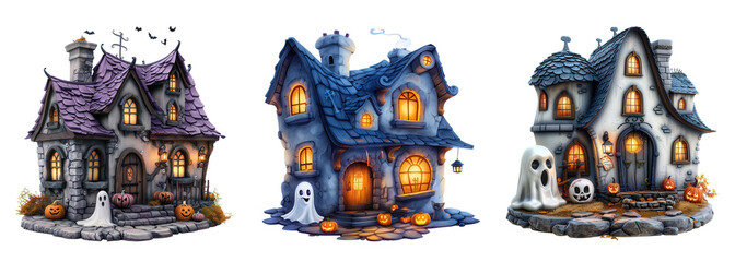 Halloween-themed cartoon haunted houses with glowing windows, ghost decorations, and pumpkins creating a spooky atmosphere.