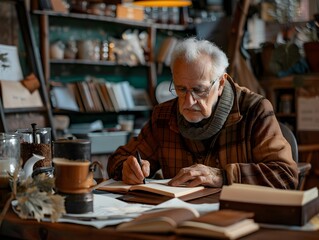 Senior Man Reflecting on Life s Memoir at a Cozy Cafe Workspace