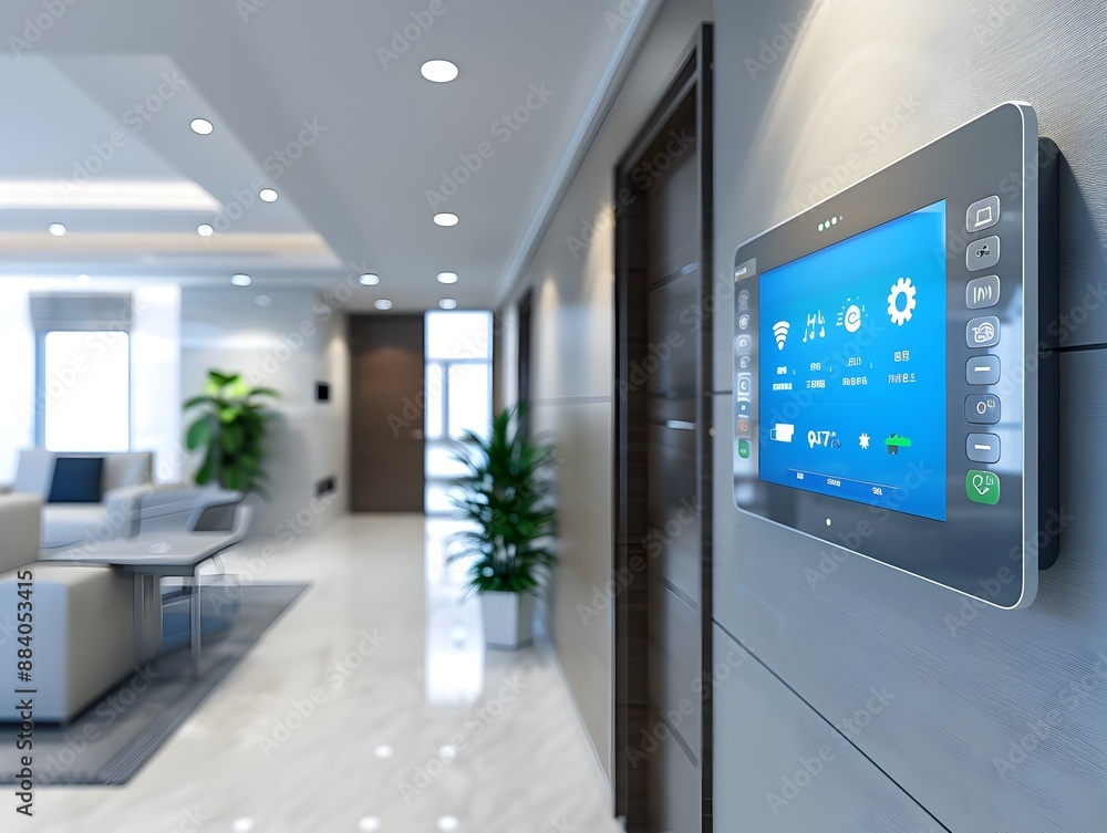 Poster modern smart home control panel with touch screen interface displaying settings