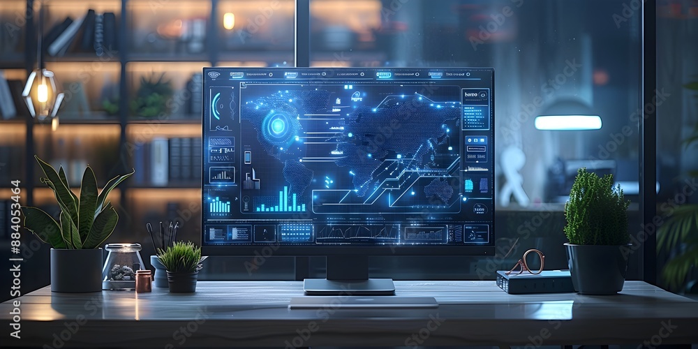 Poster futuristic assistant device with holographic display showcasing digital information and analytics