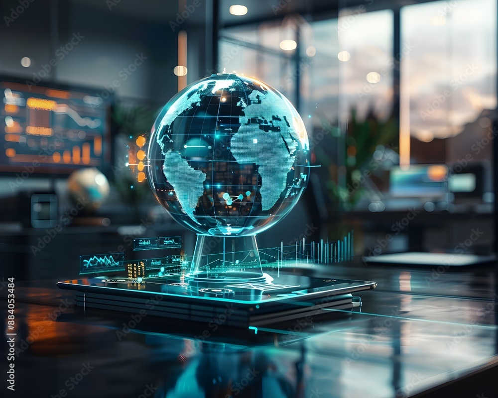 Poster holographic globe displaying real time data analytics in modern office setting technology concept
