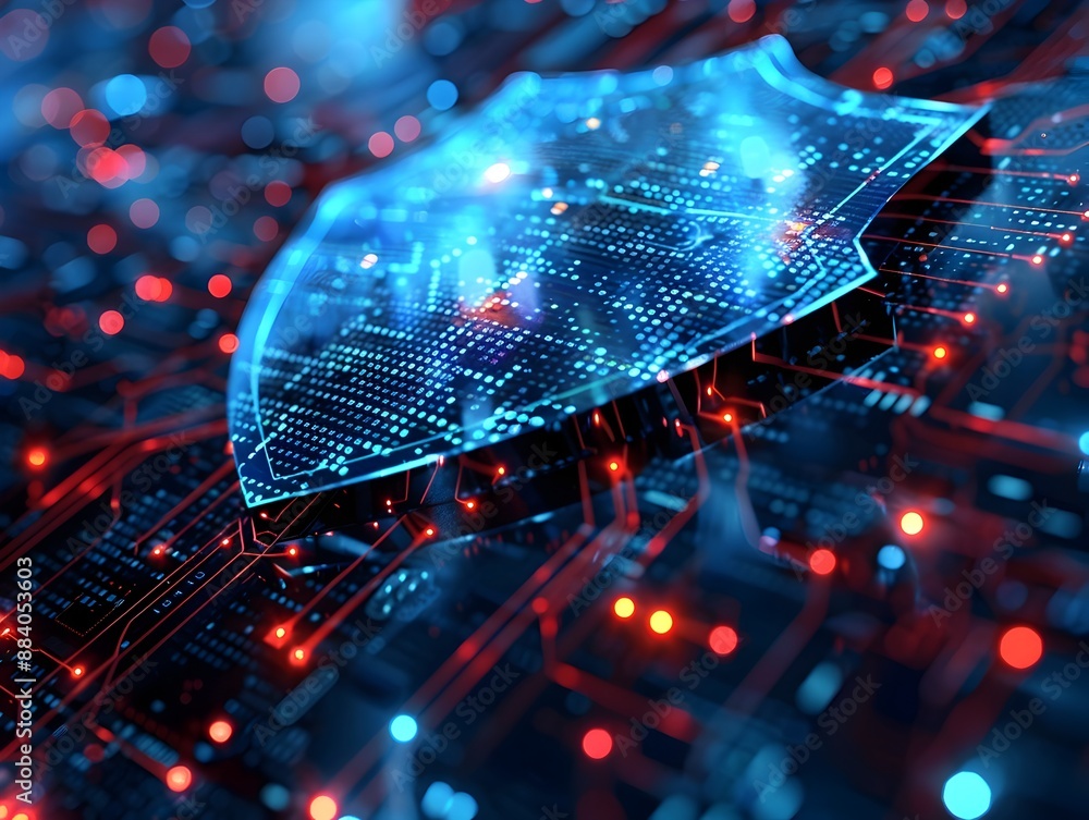 Poster advanced cybersecurity concept with digital shield protecting data streams