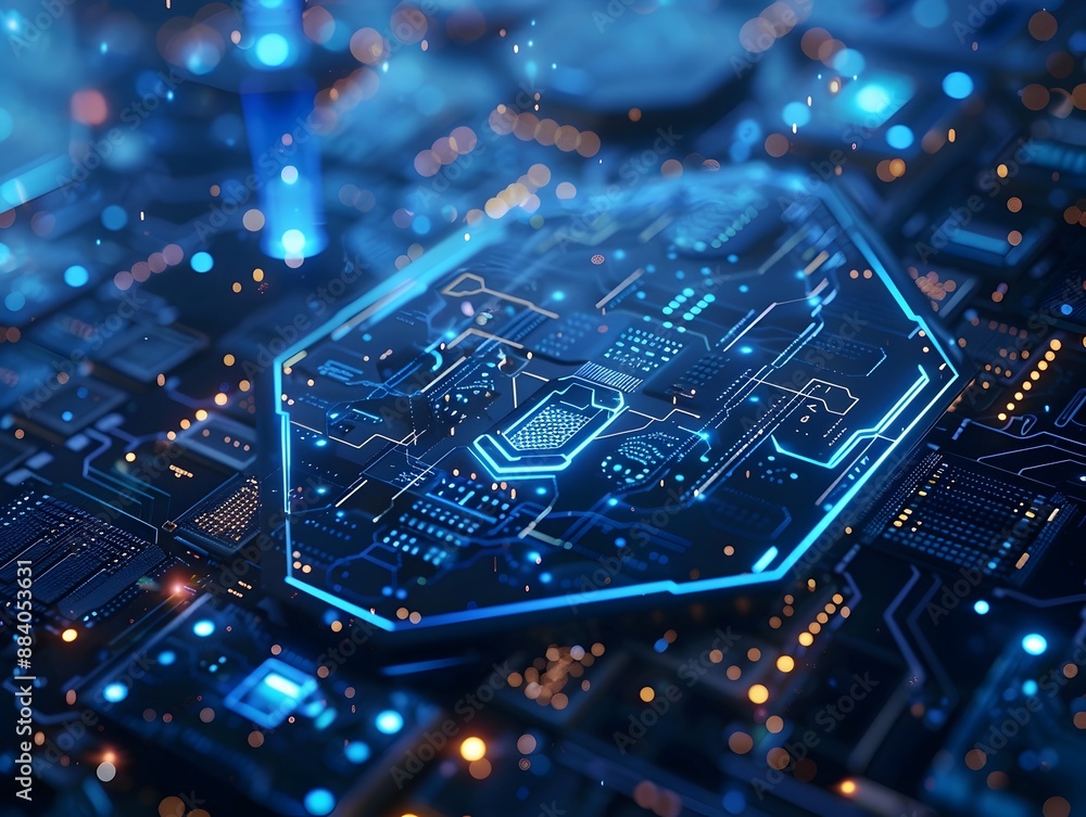 Poster advanced cybersecurity concept with digital shield protecting data streams