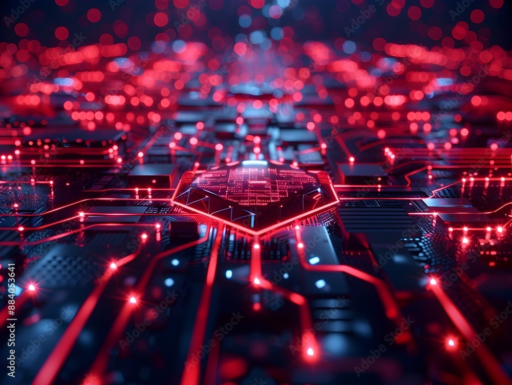 Poster advanced cybersecurity concept with digital shield protecting data streams