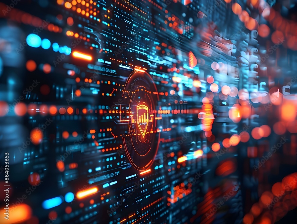 Poster advanced cybersecurity concept with digital shield protecting data streams