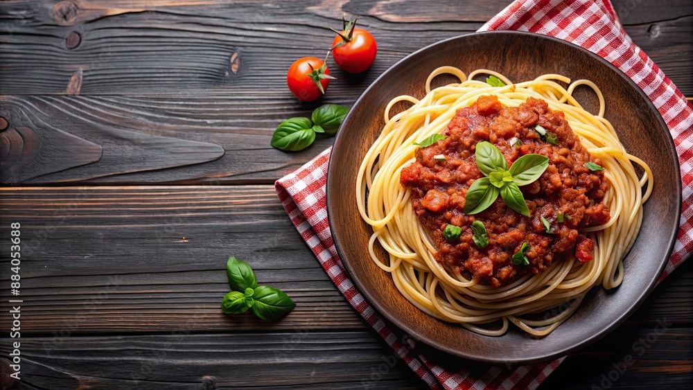 Poster heaped plate of italian spaghetti bolognaise, spaghetti, bolognaise, pasta, italian cuisine, delicio