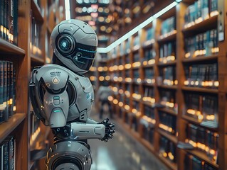 Futuristic Library with Robotic Assistants and Digital Bookshelves Showcasing Innovation in Education Technology