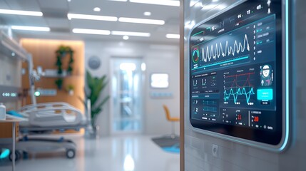 Naklejka premium Smart Healthcare Monitoring System in a Modern Hospital Room Displaying Real Time Patient Data