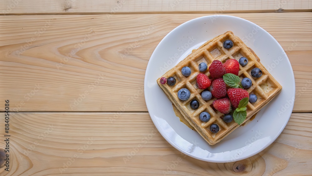 Sticker Plate of delicious baked Belgian waffles topped with fresh berries and fruit , Waffles, Belgian, berries, fruit, breakfast, brunch