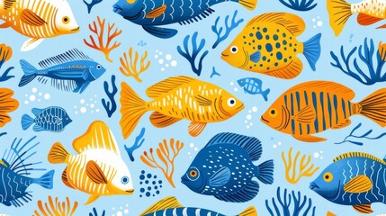 Fototapeta premium Colorful Hand-Drawn Fish and Coral Seamless Pattern