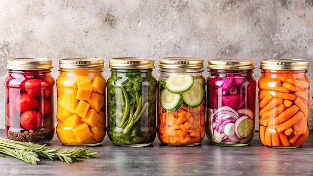 Canned jars of colorful vegetables for winter home conservation, canning, preservation, food storage, homemade, organic