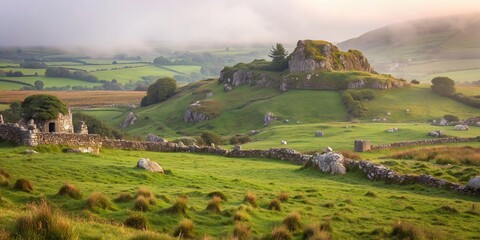 Tranquil Irish countryside with lush green grasses, rocky outcroppings, and ancient ruins in misty atmosphere, Irish