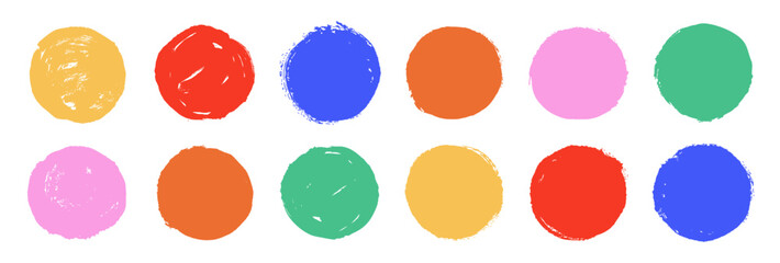Bright children hand painted circles. Ink brush art round shapes. Vector hand drawn grungy textures set. Colorful ripped paper, distressed circles, grungy logo templates. Messy kids illustration
