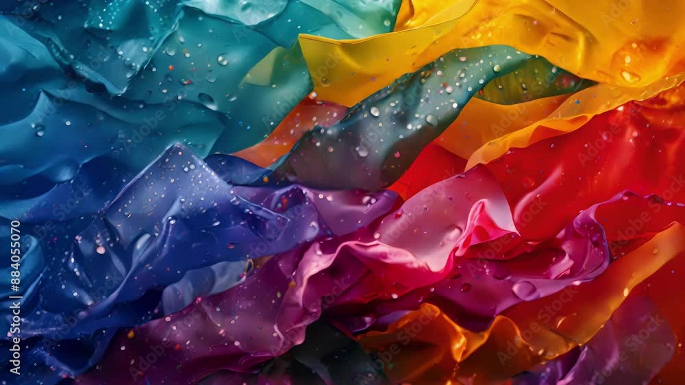 Poster a rainbow of cloth scraps tumbles chaotically in the midst of a monsoon storm their patterns and col