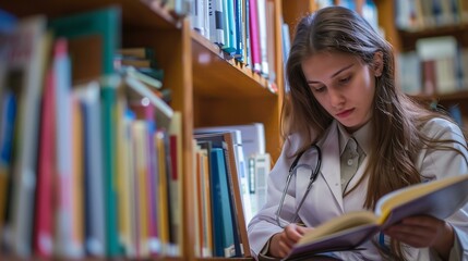 Student Studying Medical Textbooks in Classroom with Shelves of Educational Books