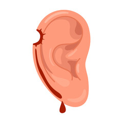 Wounded ear. bullet hole. Injured human ear with blood drops. a sense of injury or pain associated with the ear. Flat style Vector illustration