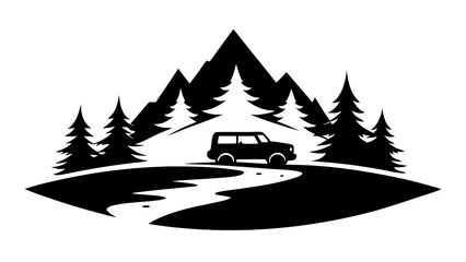 Off-Road Adventure Car Amid Pine Trees, Majestic Mountain, and River Silhouette