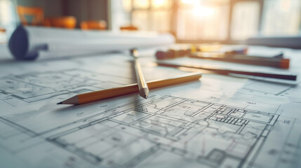 Architectural plans on desk