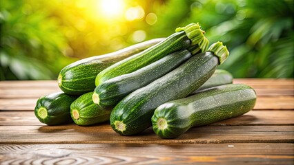 Close-up shot of fresh zucchini on a wooden table in a brightly lit studio setting, healthy, vegetable, organic